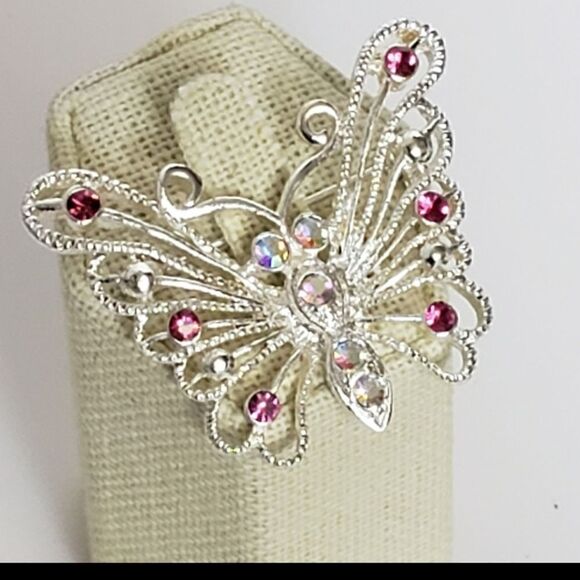 Silver-tone Filigree Butterfly Brooch Pink Crystals - Picture 1 of 6